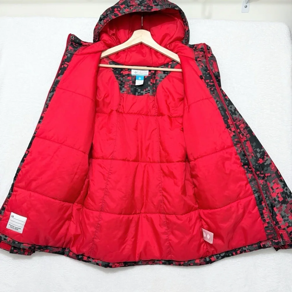 Columbia Kids Jacket Digital Camo Red Grey Insulated Hooded XL Winter Coat